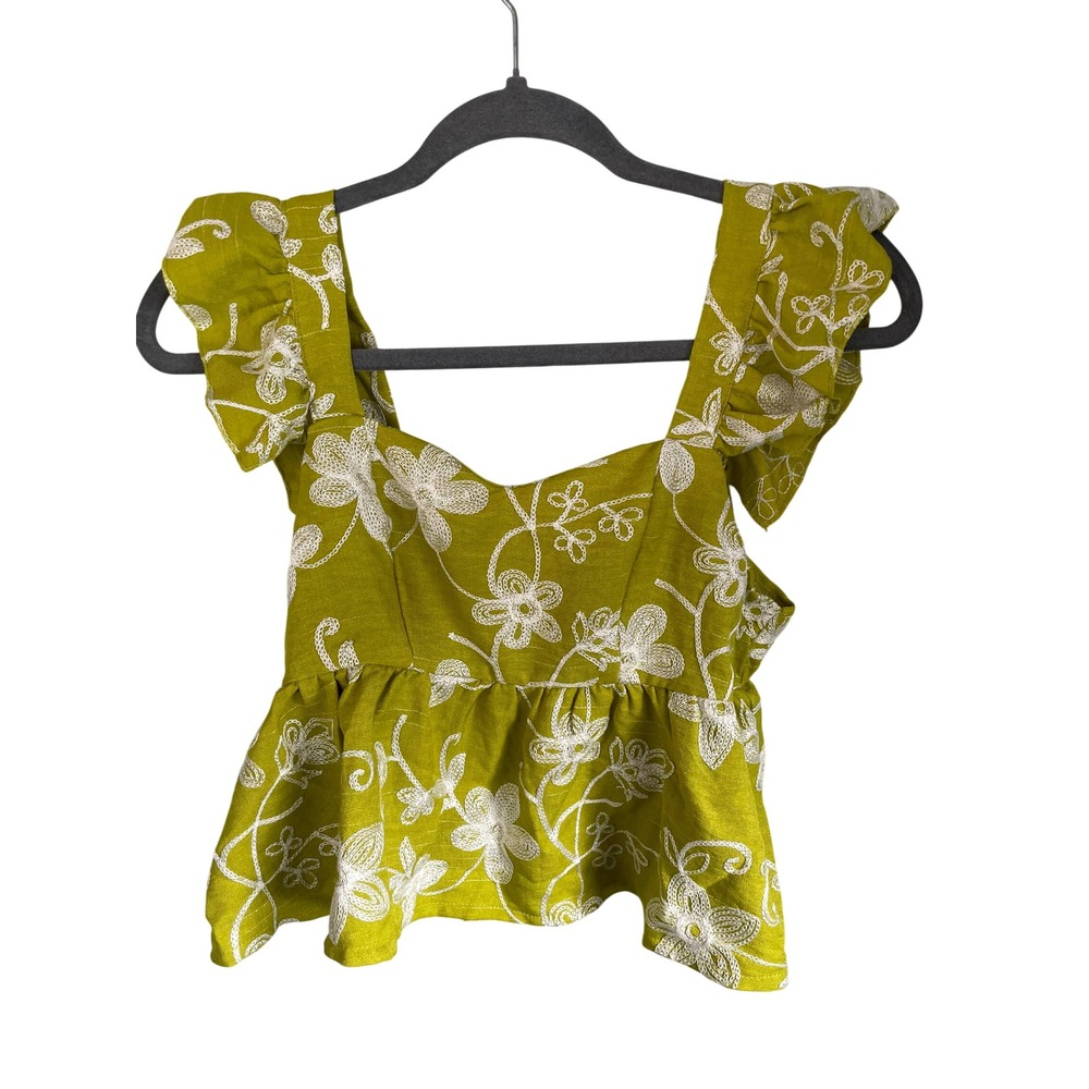 SHEIN‎ Women Lime Green Floral Embroidered Peplum Top Ruffle Sleeve Size S 4
